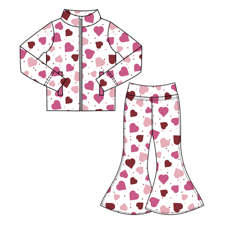 Baby Girls Pink Hearts Polka Dots Zipper Top Bell Bottom Pants Yoga Clothes Set Preorder