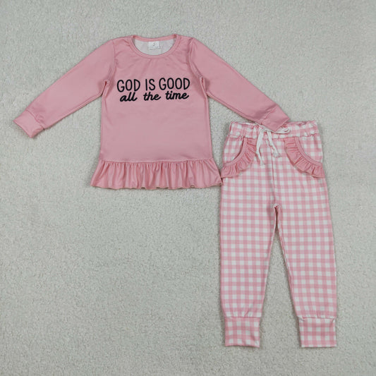Sibling Baby Girls God is Good Top Pockets Checked Legging Pants Clothes Sets
