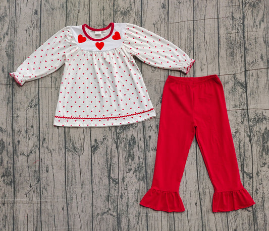 Embroidery Hearts Baby Girls Hearts Plaid Tunic Ruffle Pants Valentine Clothes Sets Preorder