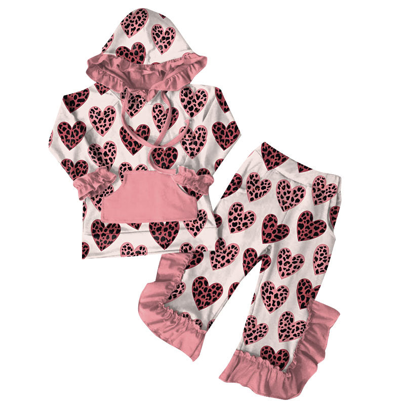 Baby Girls Leopard Hearts Pockets Ruffle Hoodie Bell Bottom Pants Clothes Sets Preorder