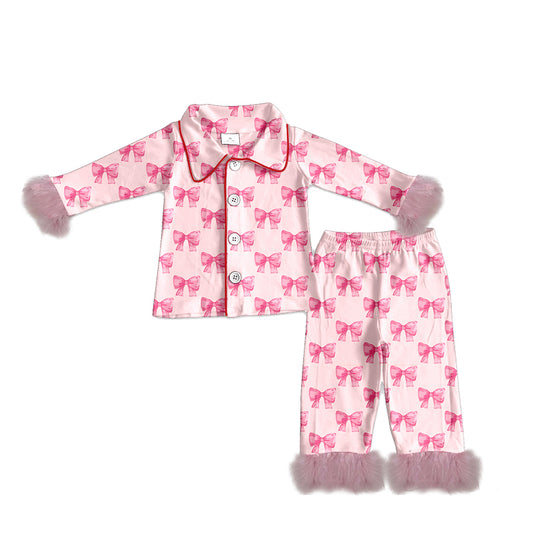 Adult Women Pink Bows Plaid Button Top Pants Fur Sleeve Pajamas Set Preorder
