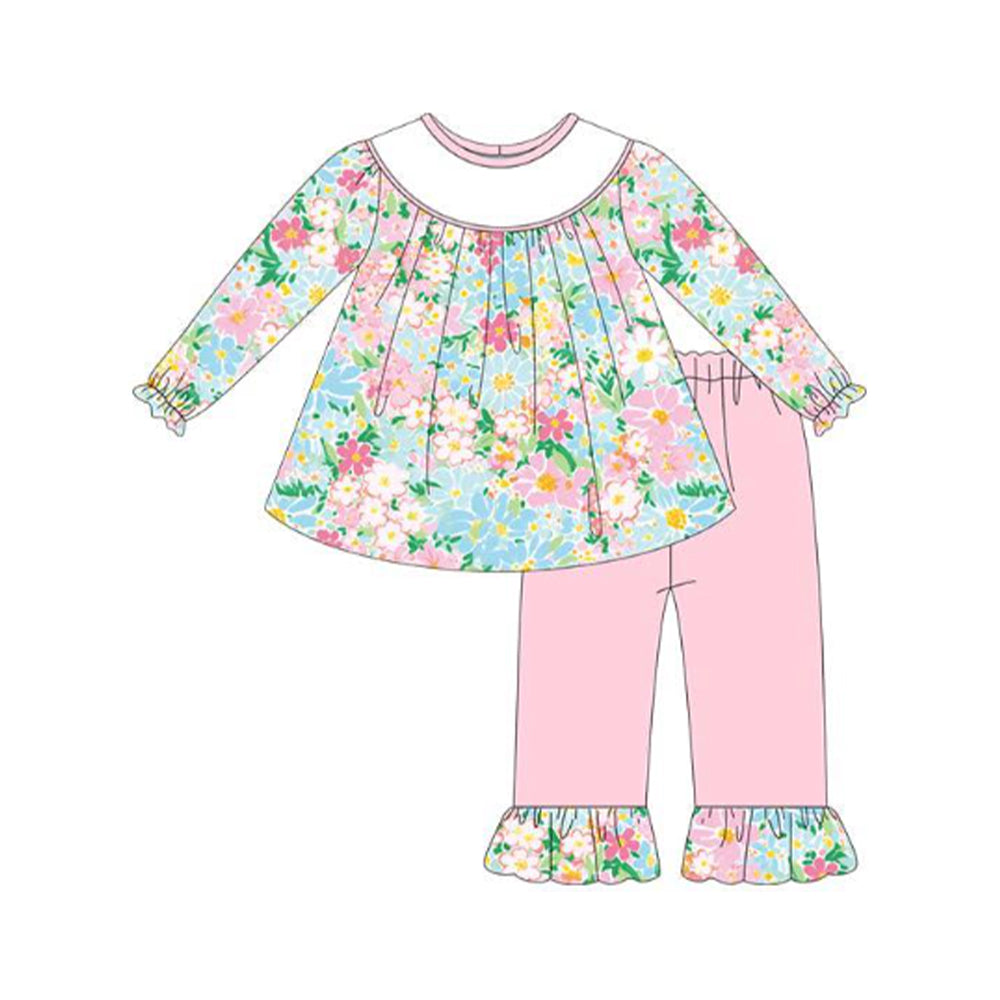 Baby Girls Pink Floral Tunic Ruffle Pants Clothes Sets Preorder