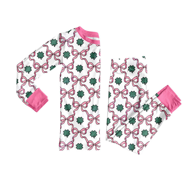 Baby Girls Pink Bows Clovers Checked Top Pants St Patrick Pajamas Sets Preorder