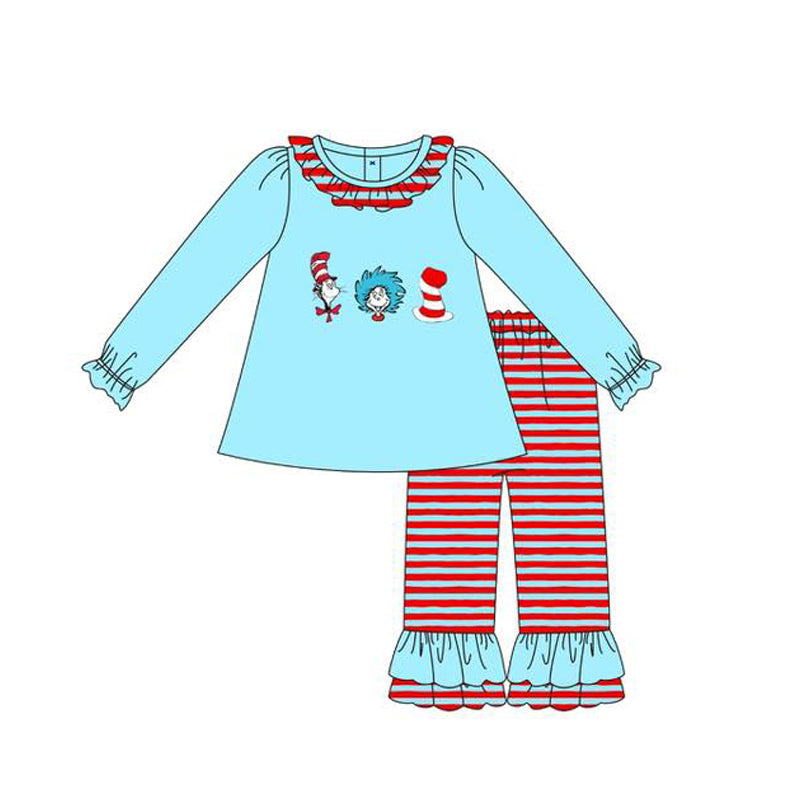Baby Girls Cartoon Mr Reading Collar Tunic Stripe Ruffle Pants Clothes Sets Preorder