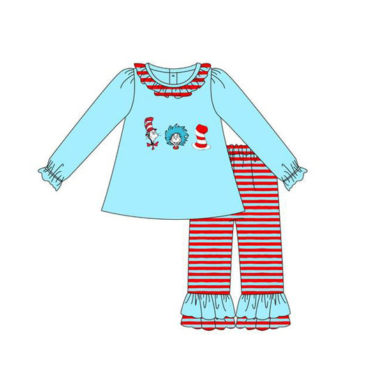 Baby Girls Cartoon Mr Reading Collar Tunic Stripe Ruffle Pants Clothes Sets Preorder
