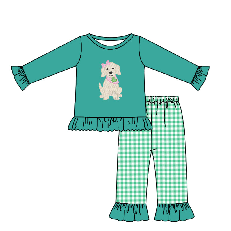 Baby Girls Clovers Dogs Green Top Checked Ruffle Pants St Patrick Clothes Sets Preorder