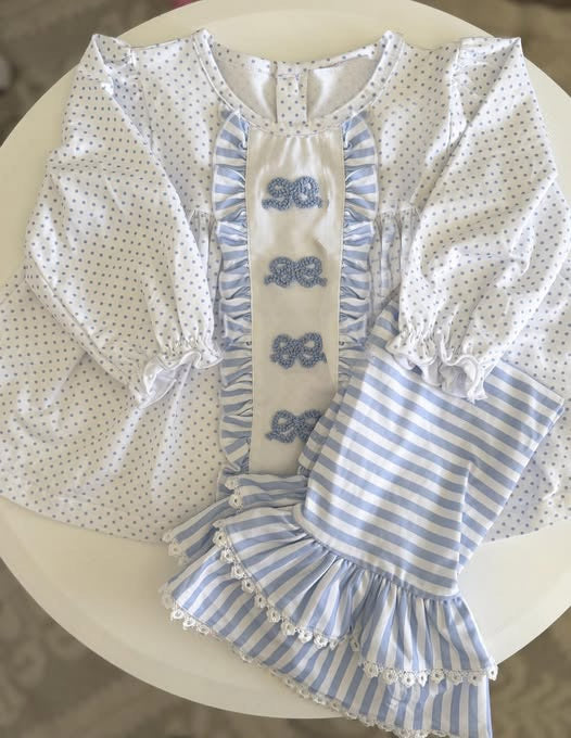 Baby Girls Polka Dots Bows Tunic Stripe Ruffle Pants Clothes Sets Preorder