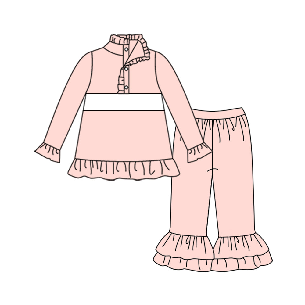 Baby Girls Pink Button Ruffle Pullovers Top Pants Clothes Sets Preorder