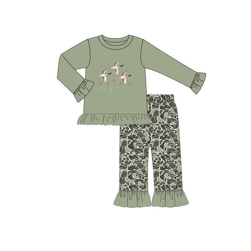 Baby Girls Ducks Ruffle Top Green Camo Pockets Pants Hunting Clothes Sets Preorder