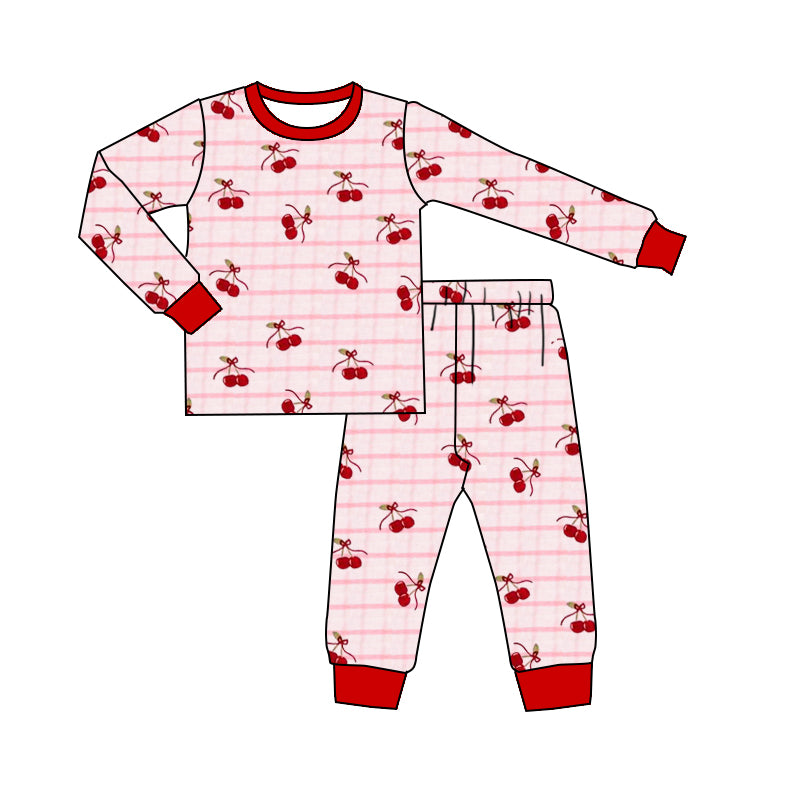 Baby Girls Pink Checked Cherry Top Pants Pajamas Sets Preorder
