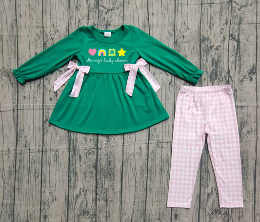 Embroidery Clovers Bows Baby Girls Tunic Checked Leggings St Patrick Clothes Sets Preorder