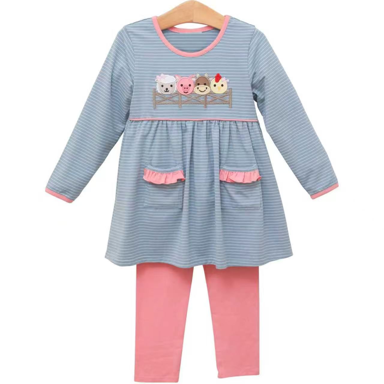 Baby Girls Blue Stripe Pigs Cows Pockets Tunic Pink Leggings Farm Clothes Sets Preorder