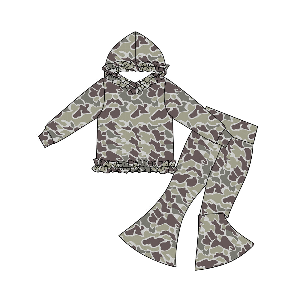 Baby Girls Dark Grey Camo Ruffle Hoodies Bell Bottom Pants Southern Clothes Sets Preorder