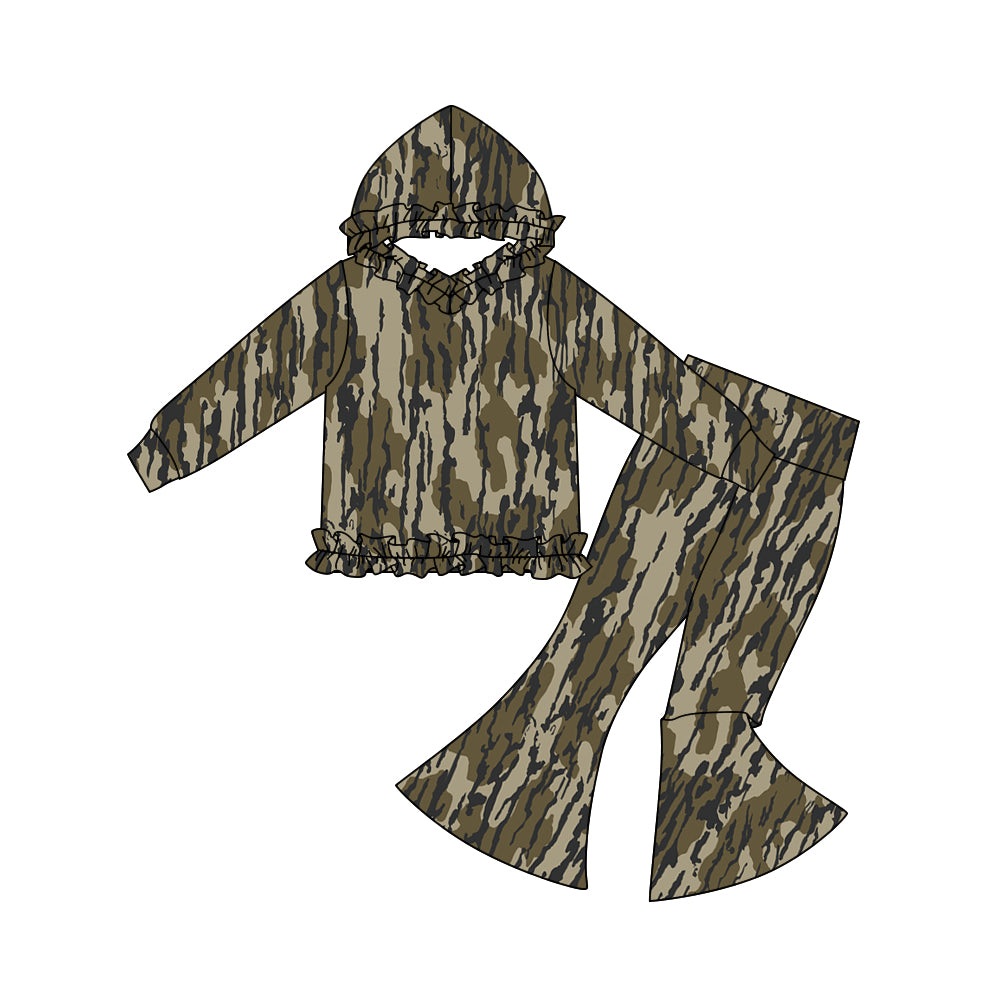 Baby Girls Olive Camo Ruffle Hoodies Bell Bottom Pants Southern Clothes Sets Preorder