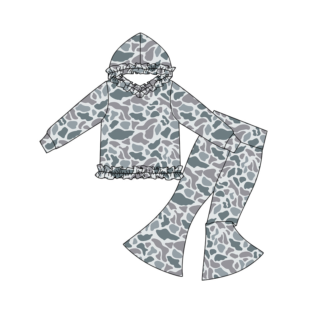 Baby Girls Grey Camo Ruffle Hoodies Bell Bottom Pants Southern Clothes Sets Preorder