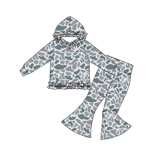 Baby Girls Grey Camo Ruffle Hoodies Bell Bottom Pants Southern Clothes Sets Preorder