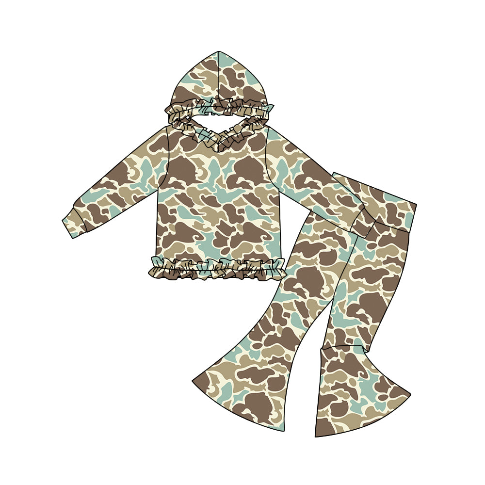 Baby Girls Grey Khaki Camo Ruffle Hoodies Bell Bottom Pants Southern Clothes Sets Preorder