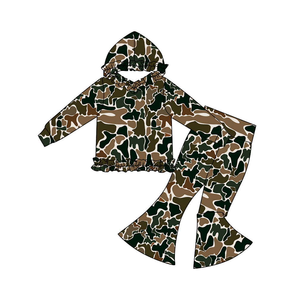 Baby Girls Dark Brown Camo Ruffle Hoodies Bell Bottom Pants Southern Clothes Sets Preorder