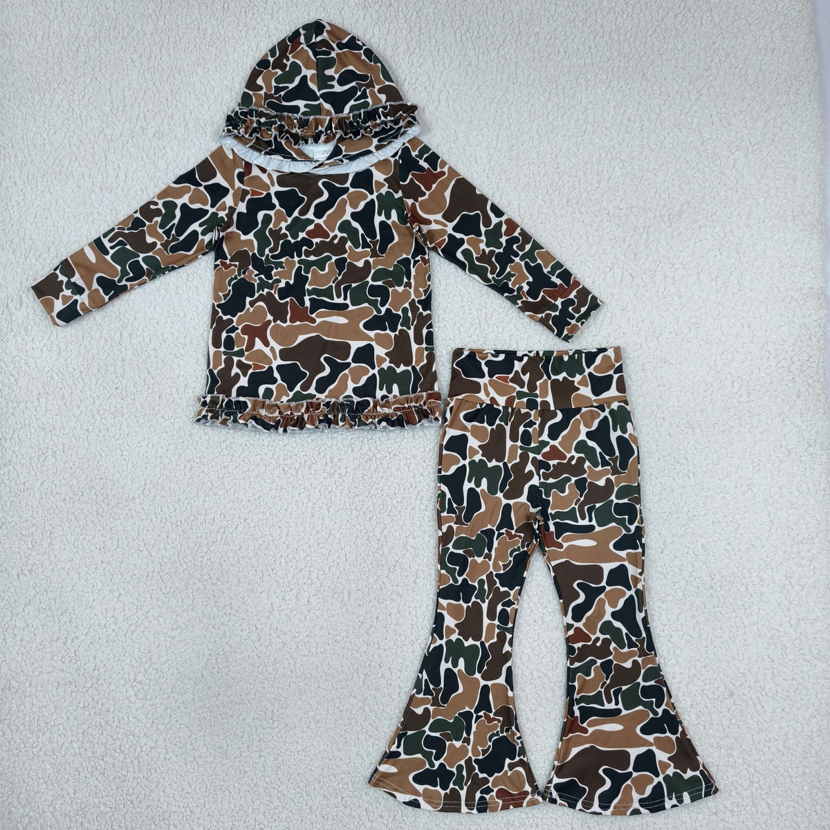 Sibling Baby Girls Dogs Ducks Deer Camo Ruffle Hoodie Bell Bottom Pant Clothes Set