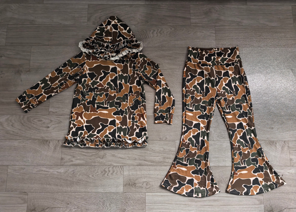 Baby Girls Dark Brown Camo Ruffle Hoodies Bell Bottom Pants Southern Clothes Sets Preorder