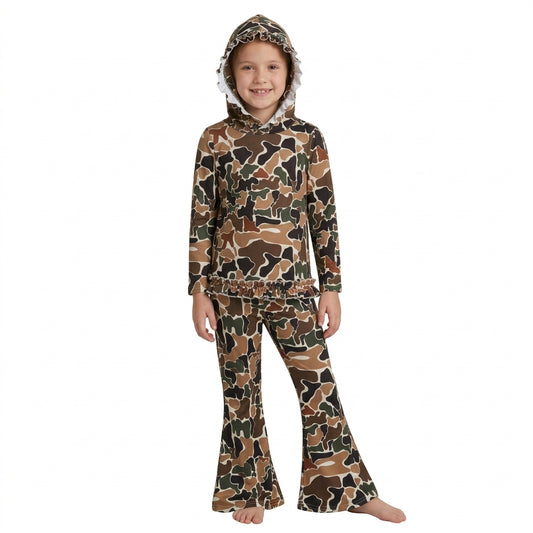 Baby Girls Dark Brown Camo Ruffle Hoodies Bell Bottom Pants Sets