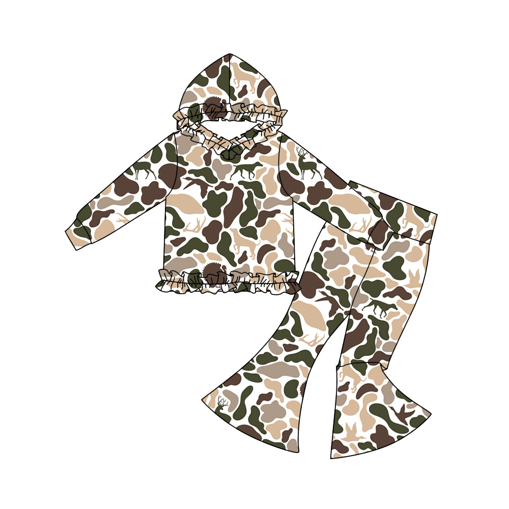 Baby Girls Ducks Deer Camo Ruffle Hoodies Bell Bottom Pants Southern Clothes Sets Preorder