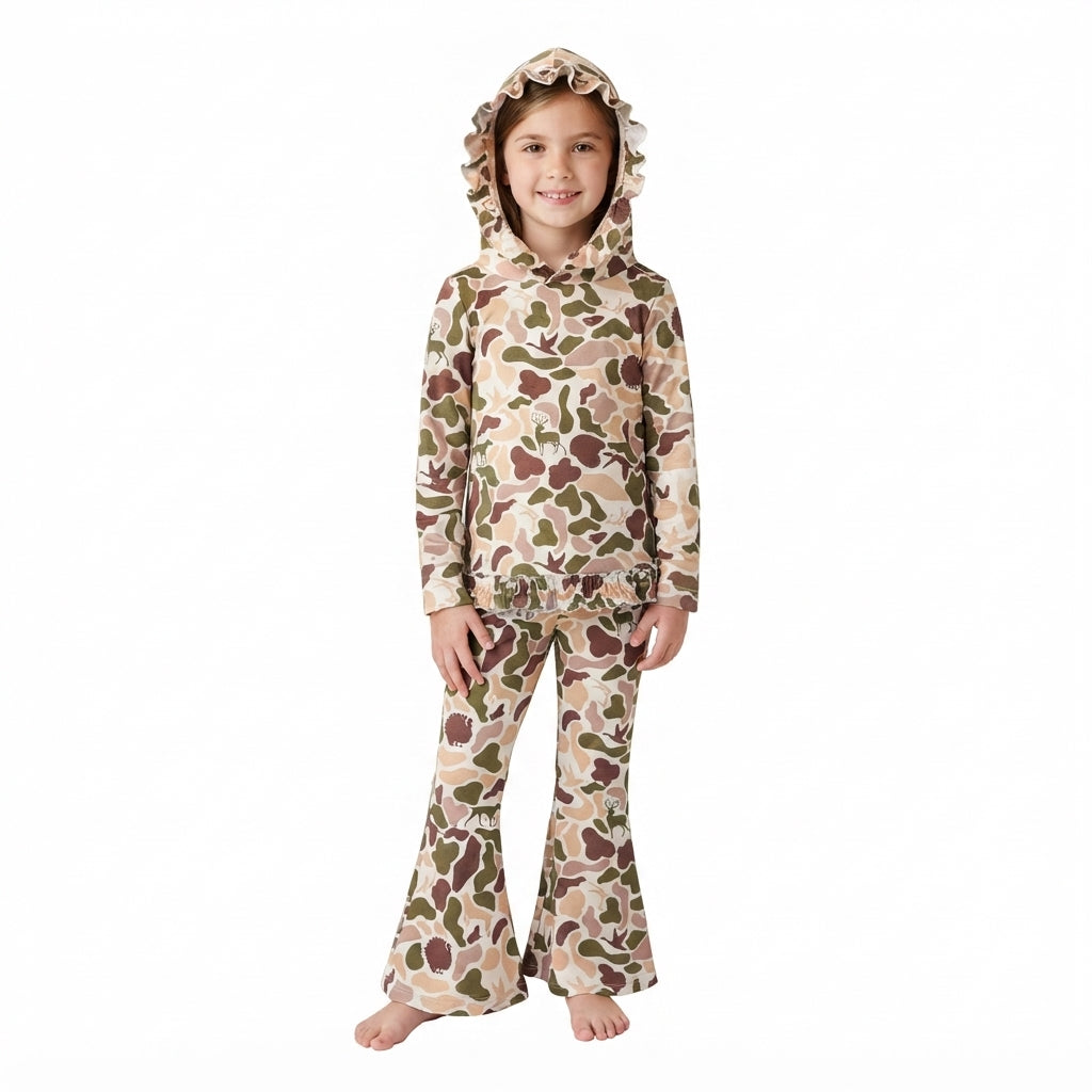 Baby Girls Ducks Deer Camo Ruffle Hoodies Bell Bottom Pants Hunting Clothes Sets