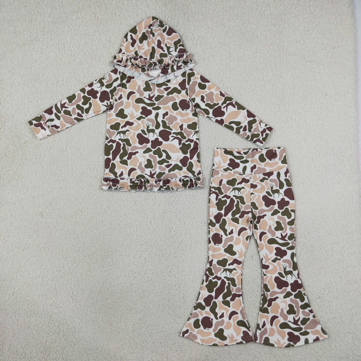 Baby Girls Ducks Deer Camo Ruffle Hoodies Bell Bottom Pants Hunting Clothes Sets