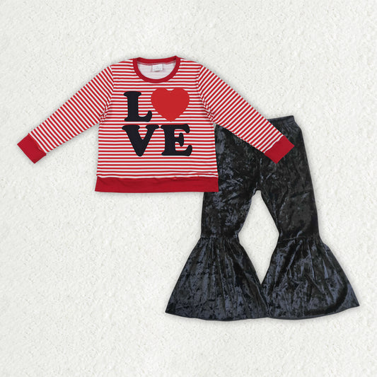 Baby Girls Red Stripe Hearts Love Top Black Velvet Bell Bottom Pants Valentine Clothes Sets