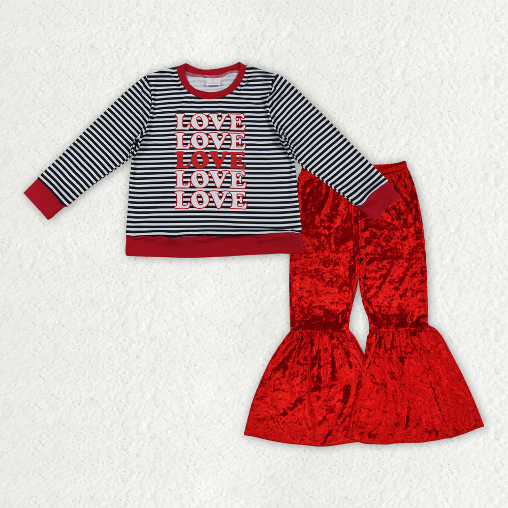 Baby Girls Black Stripe Hearts Love Top Red Velvet Bell Bottom Pants Valentine Clothes Sets