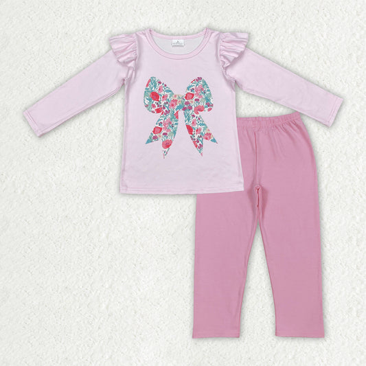 Baby Girls Pink Floral Bows Top Leggings Pants Clothes Sets
