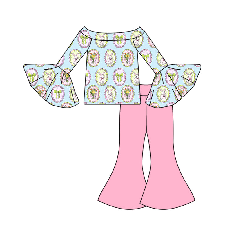 Baby Girls Flowers Rabbits Top Bell Bottom Pants Easter Clothes Sets Preorder