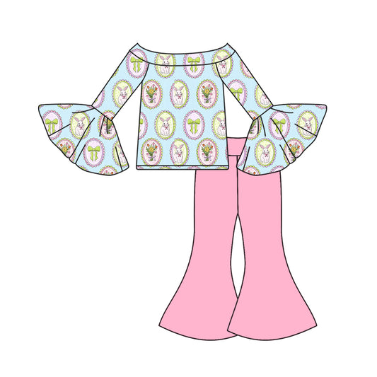 Baby Girls Flowers Rabbits Top Bell Bottom Pants Easter Clothes Sets Preorder