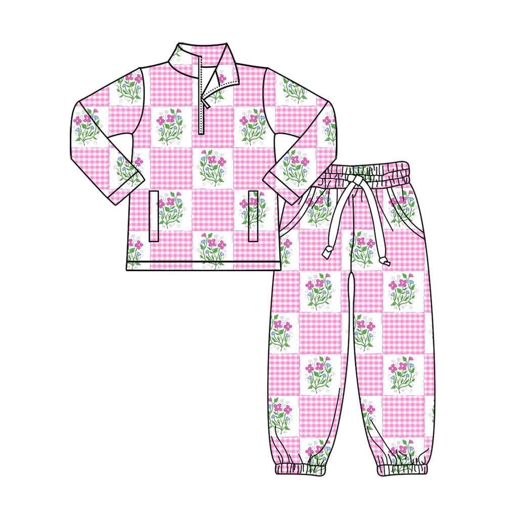 Baby Girls Pink Flowers Checked Zipper Pockets Pullovers Jogger Clothes Sets Preorder