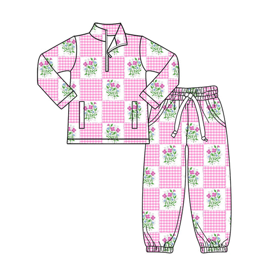 Baby Girls Pink Flowers Checked Zipper Pockets Pullovers Jogger Clothes Sets Preorder