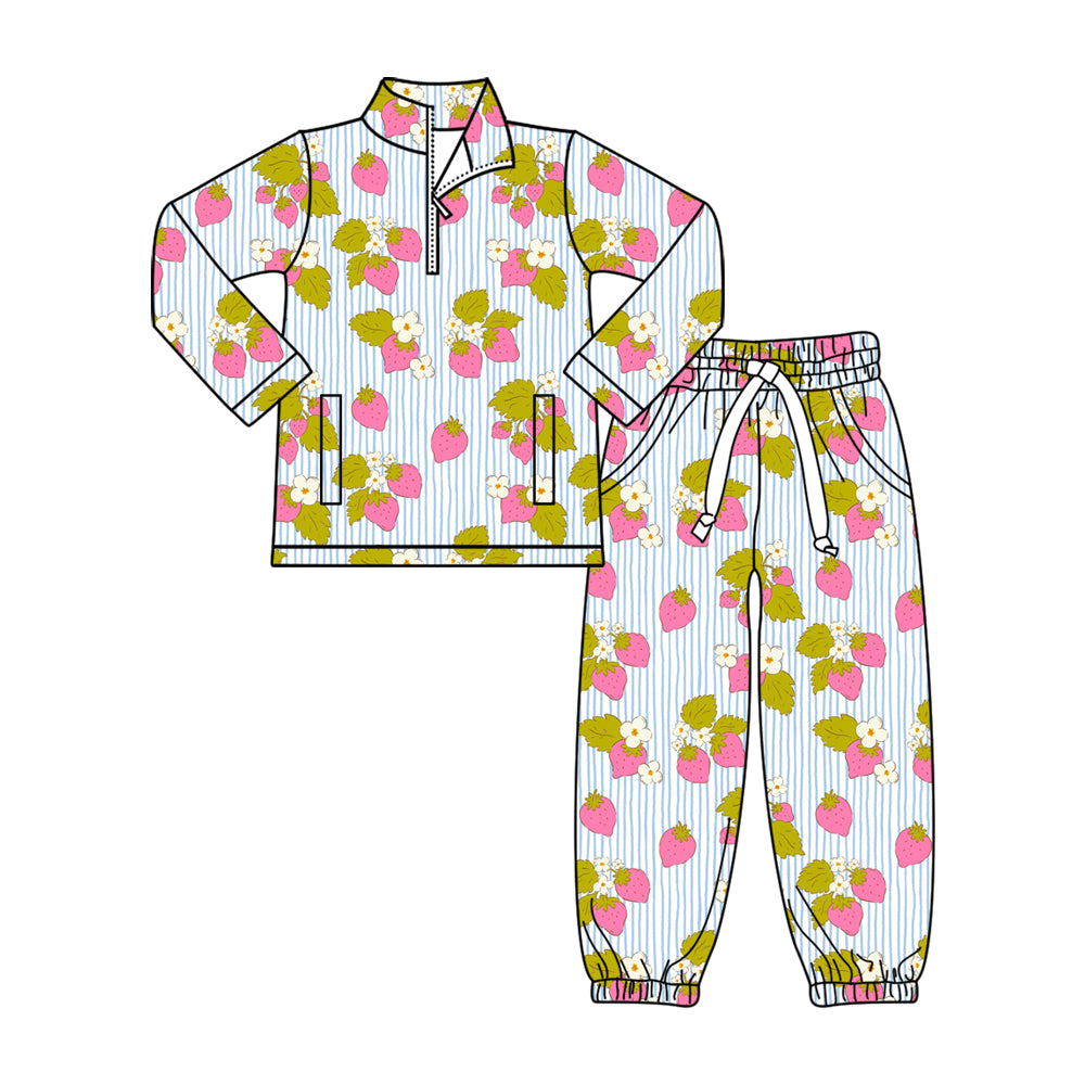 Baby Girls Flowers Strawberry Zipper Pockets Pullovers Jogger Clothes Sets Preorder