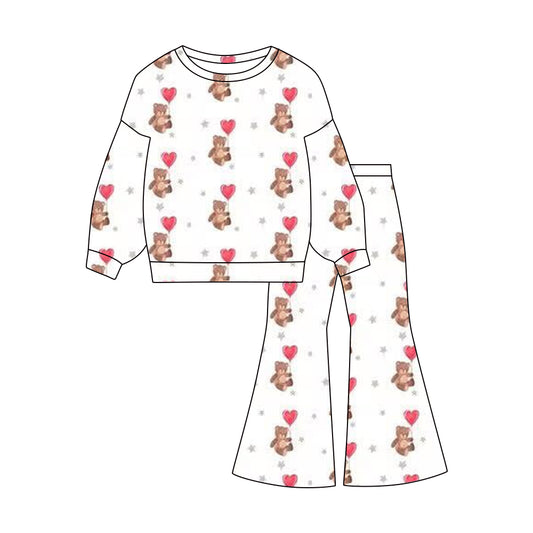 Baby Girls Heart Balloons Bears Top Flare Pants Valentine Clothes Sets Preorder