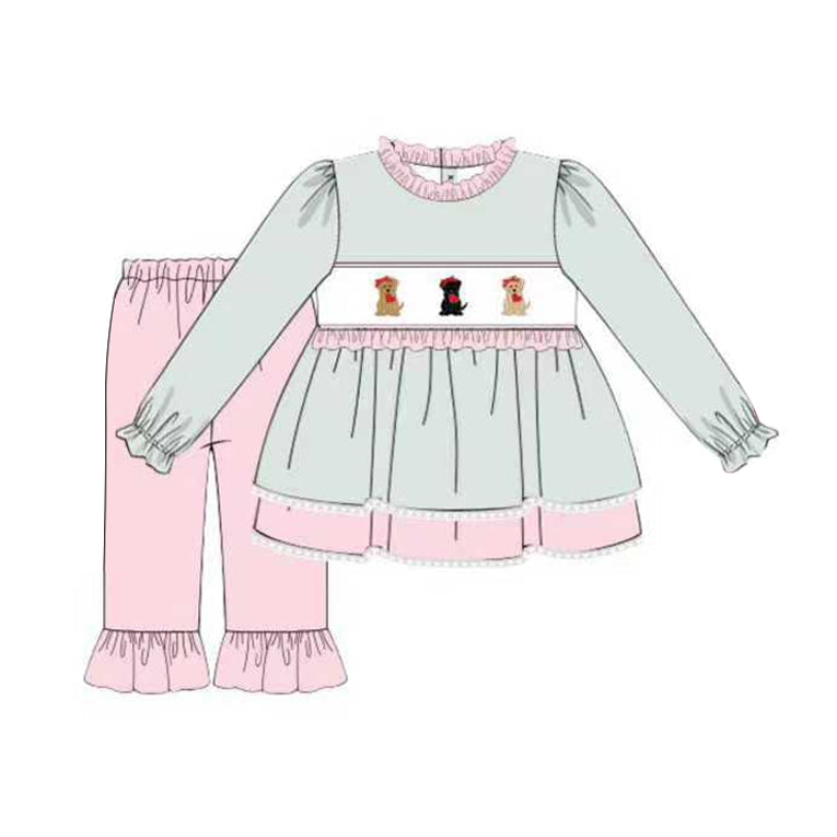 Baby Girls Dogs Hearts Tunic Ruffle Pants Valentine Clothes Sets Preorder