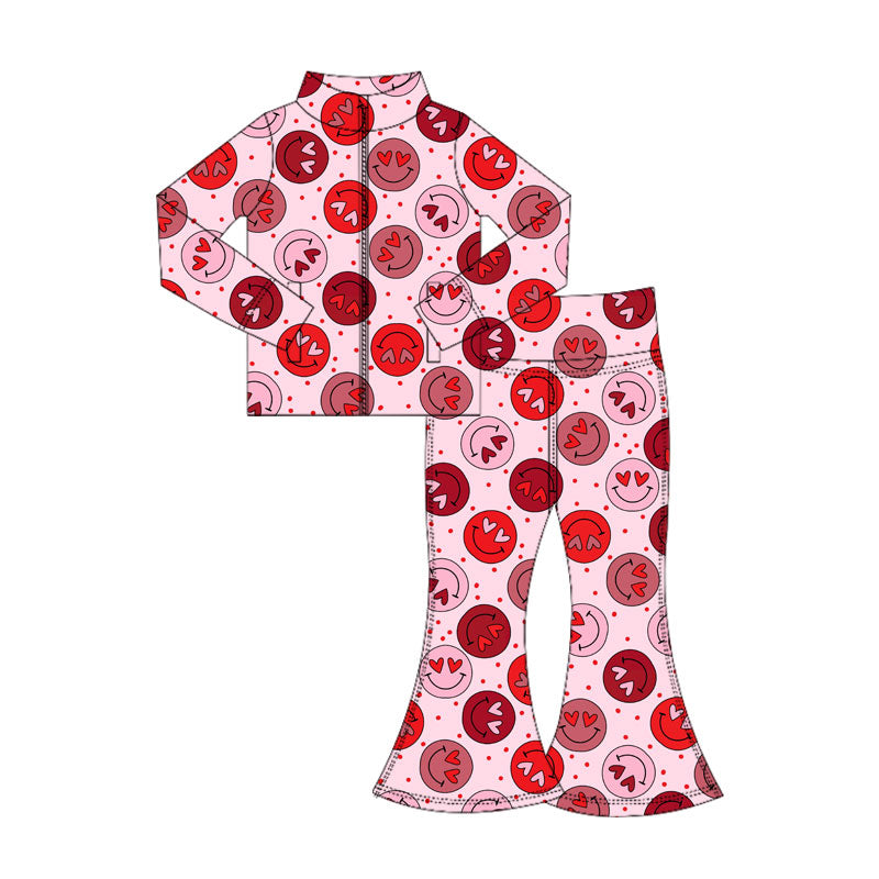 Baby Girls Heart Smiles Zipper Pockets Jacket Bell Bottom Yoga Valentine Clothes Sets Preorder