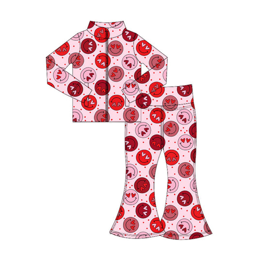 Baby Girls Heart Smiles Zipper Pockets Jacket Bell Bottom Yoga Valentine Clothes Sets Preorder