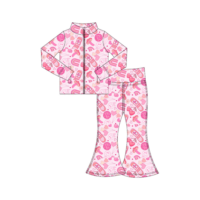 Baby Girls Heart Balloons Zipper Pockets Jacket Bell Bottom Valentine Yoga Clothes Sets Preorder