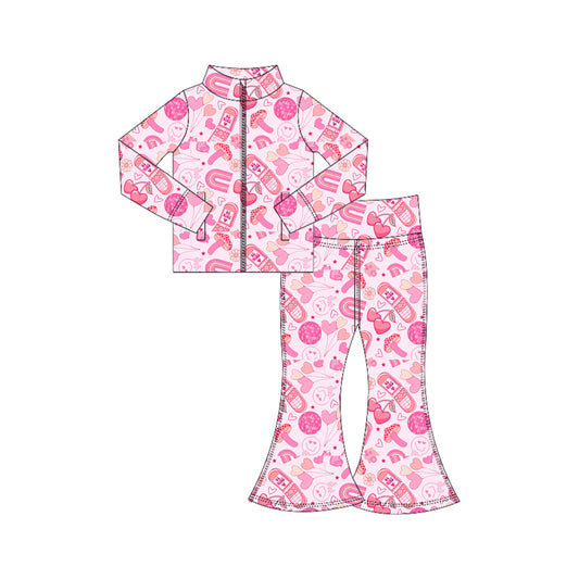 Baby Girls Heart Balloons Zipper Pockets Jacket Bell Bottom Valentine Yoga Clothes Sets Preorder