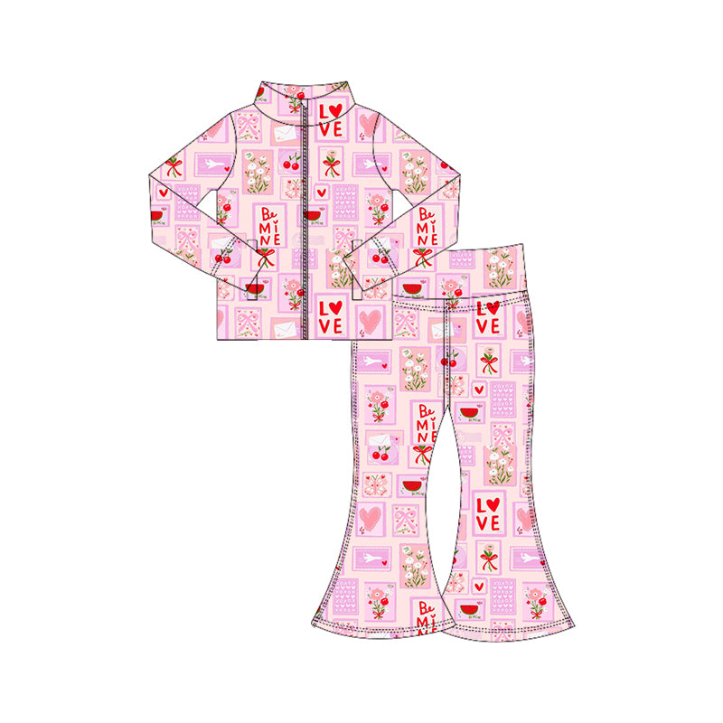 Baby Girls Flowers Checked Zipper Pockets Jacket Bell Bottom Valentine Yoga Clothes Sets Preorder