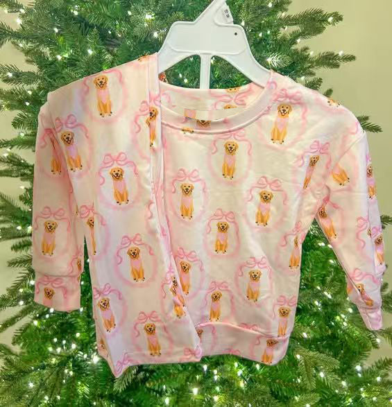 Baby Girls Pink Bows Dogs Top Pants Valentine Clothes Sets Preorder