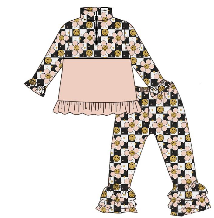 Baby Girls Black Checked Flowers Smiles Zipper Pullovers Ruffle Pants Clothes Sets Preorder