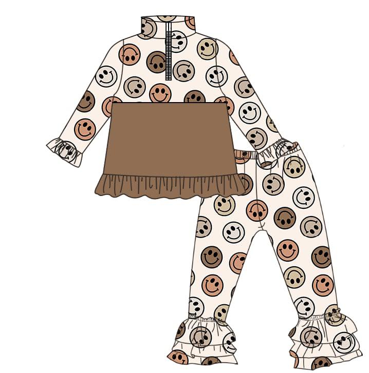 Baby Girls Brown Smiles Zipper Pullovers Ruffle Pants Clothes Sets Preorder