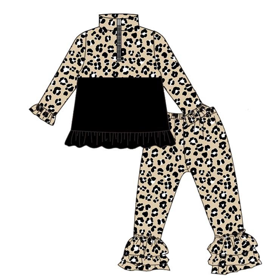 Baby Girls Black Leopard Zipper Pullovers Ruffle Pants Clothes Sets Preorder