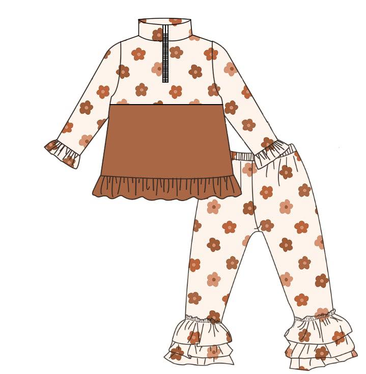 Baby Girls Brown Flowers Zipper Pullovers Ruffle Pants Clothes Sets Preorder