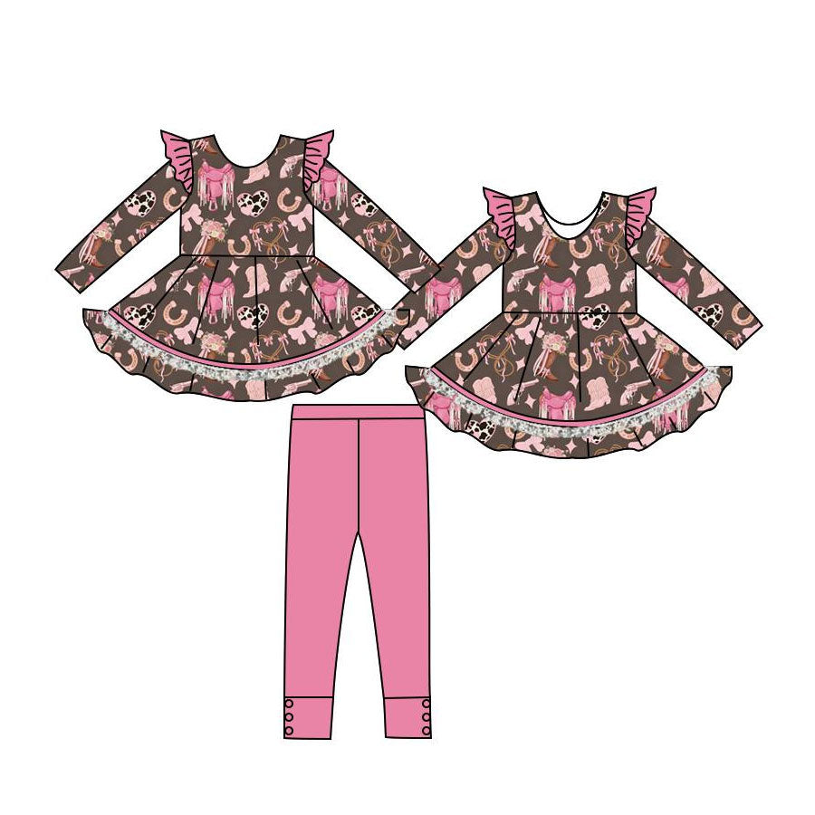 Baby Girls Pink Boots Hearts Tunic Leggings Western Clothes Sets Preorder