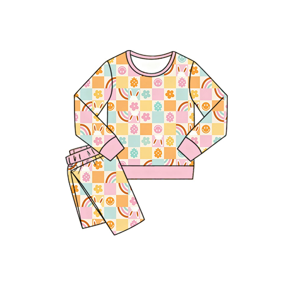 Baby Girls Rabbits Flowers Checked Top Pants Easter Pajamas Sets Preorder